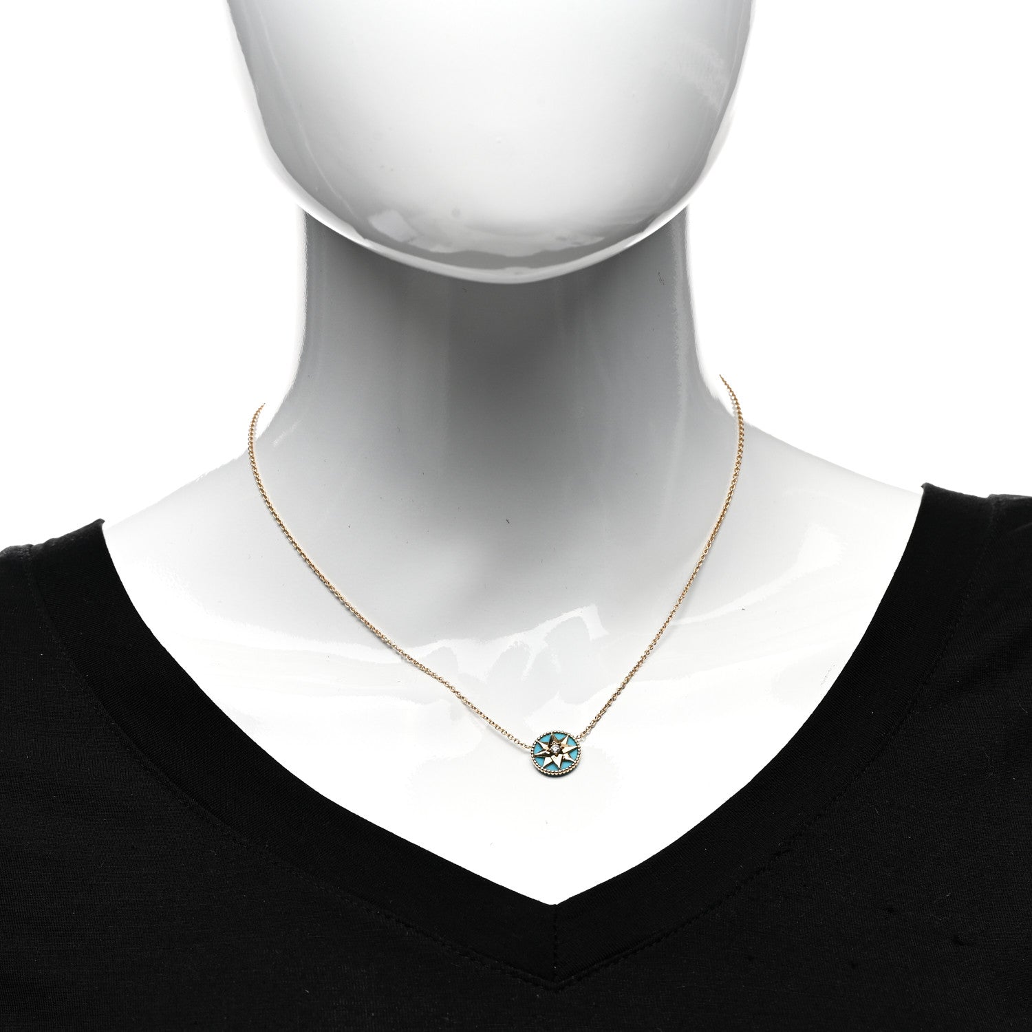 Christian Dior 18K Yellow Gold Diamond Turquoise Rose Des Vents Necklace 2 of 6