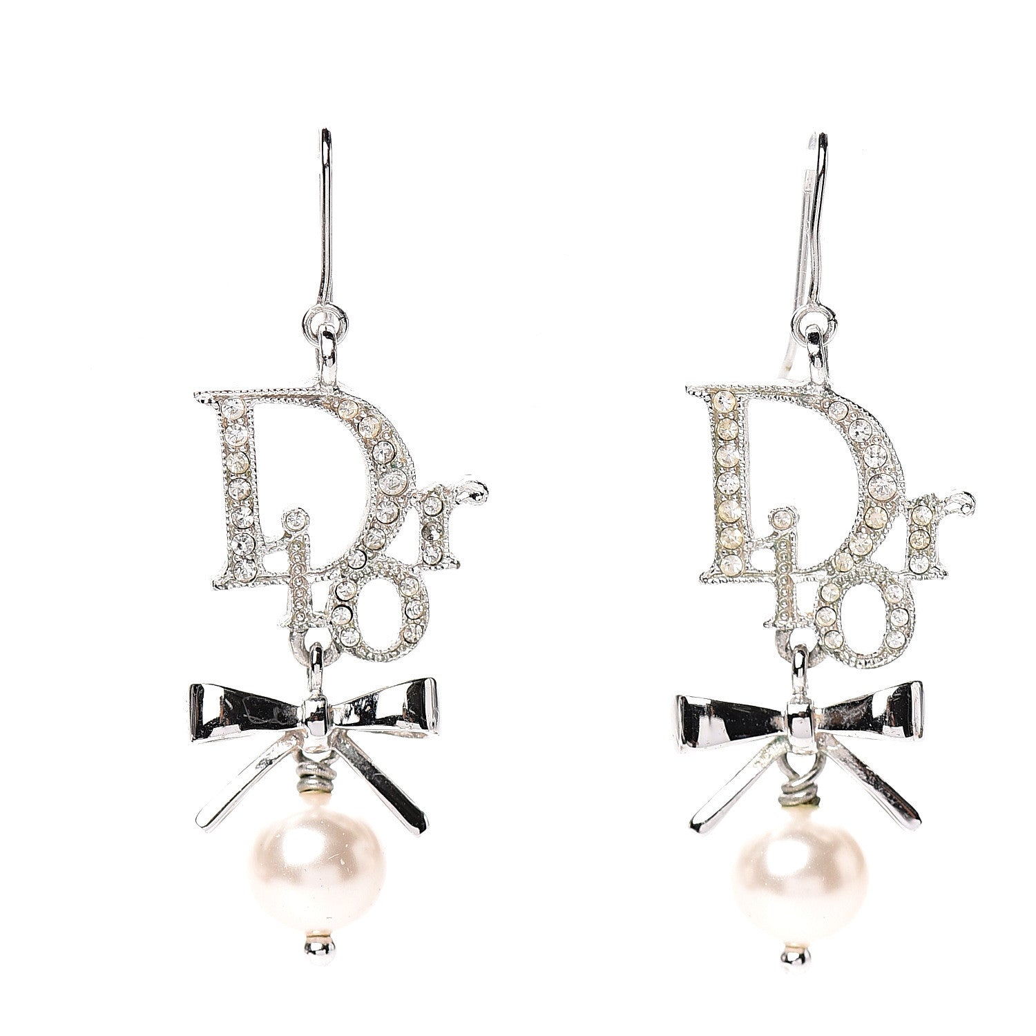 Christian Dior Crystal Pearl Bow Earrings Silver 543830