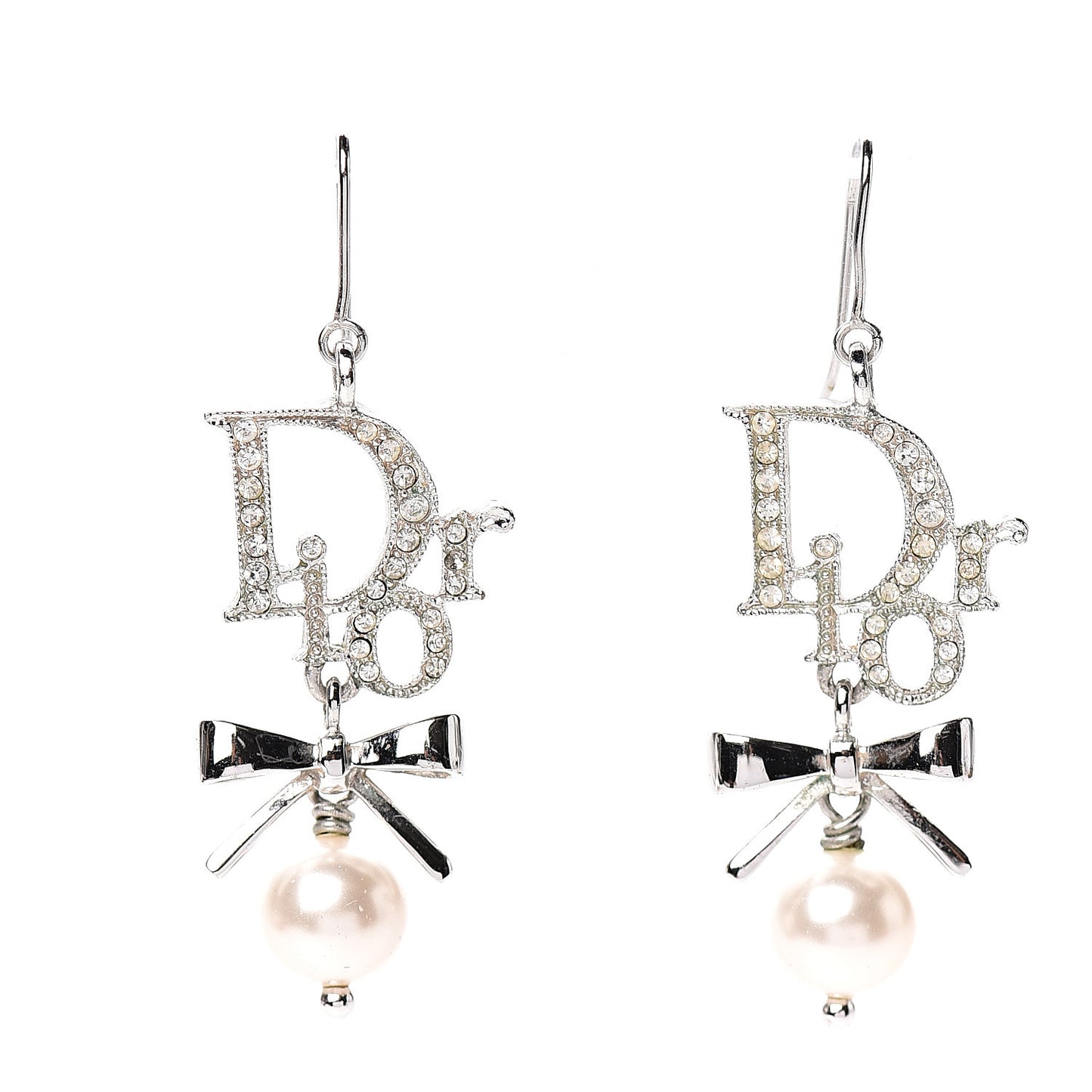 Crystal Pearl Bow Earrings Silver