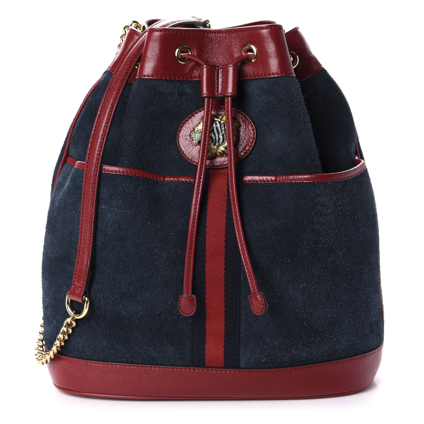 Suede Calfskin Web Medium Rajah Bucket Bag New Blue Romantic Cherry