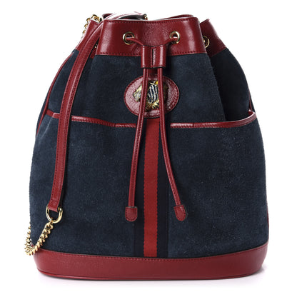 Gucci Suede Calfskin Web Medium Rajah Bucket Bag New Blue Romantic Cherry 1 of 9