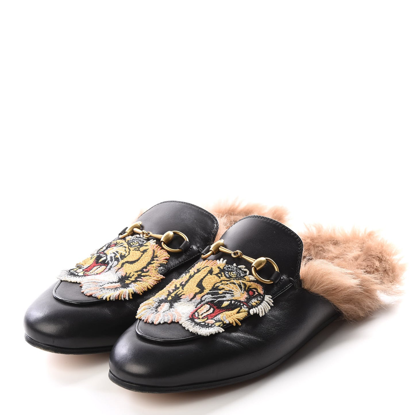 Calfskin Lambswool Tiger Embroidered Womens Princetown Slippers 37.5 Black