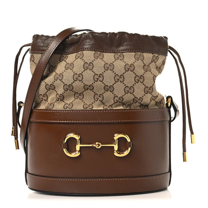 Gucci Monogram Textured Calfskin Horsebit 1955 Drawstring Bucket Bag Beige Brown Sugar 1 of 10