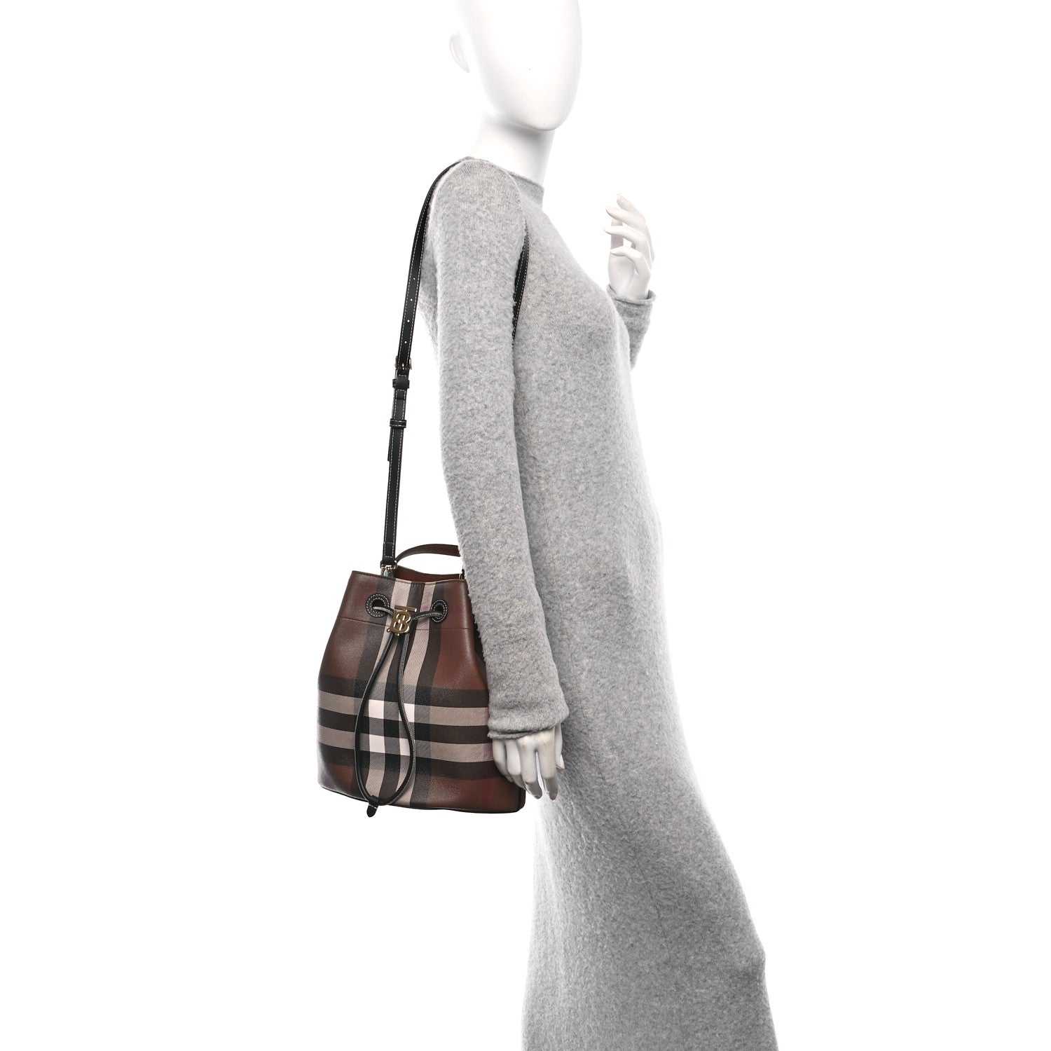Burberry Giant Check Calfskin TB Bucket Bag Dark Birch 3 of 10