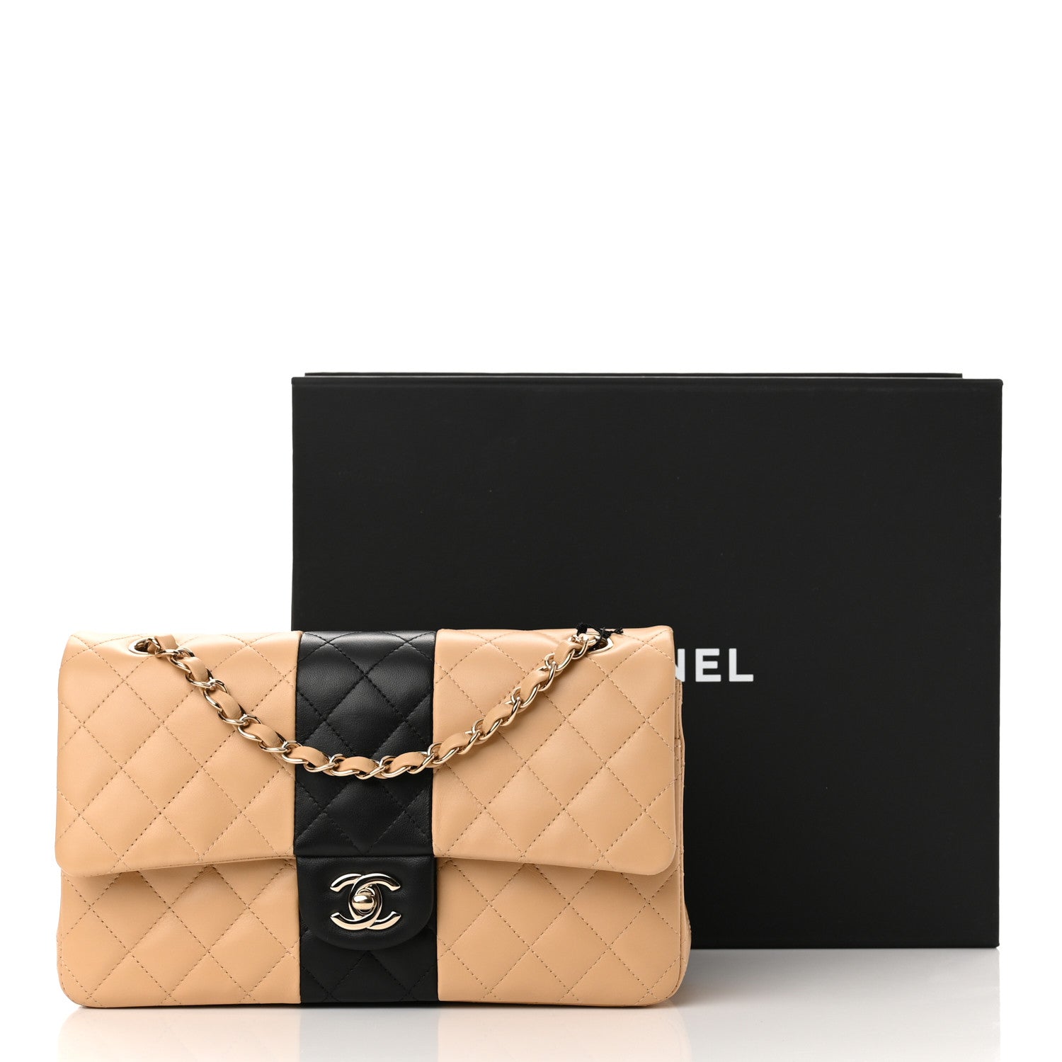 Chanel Lambskin Quilted Medium Double Flap Beige Black 11 of 11