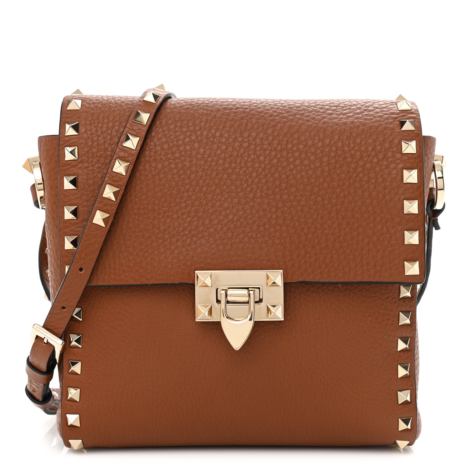 Valentino Garavani Pebbled Calfskin Rockstud Flip Lock Flap Messenger Saddle Brown 1 of 9