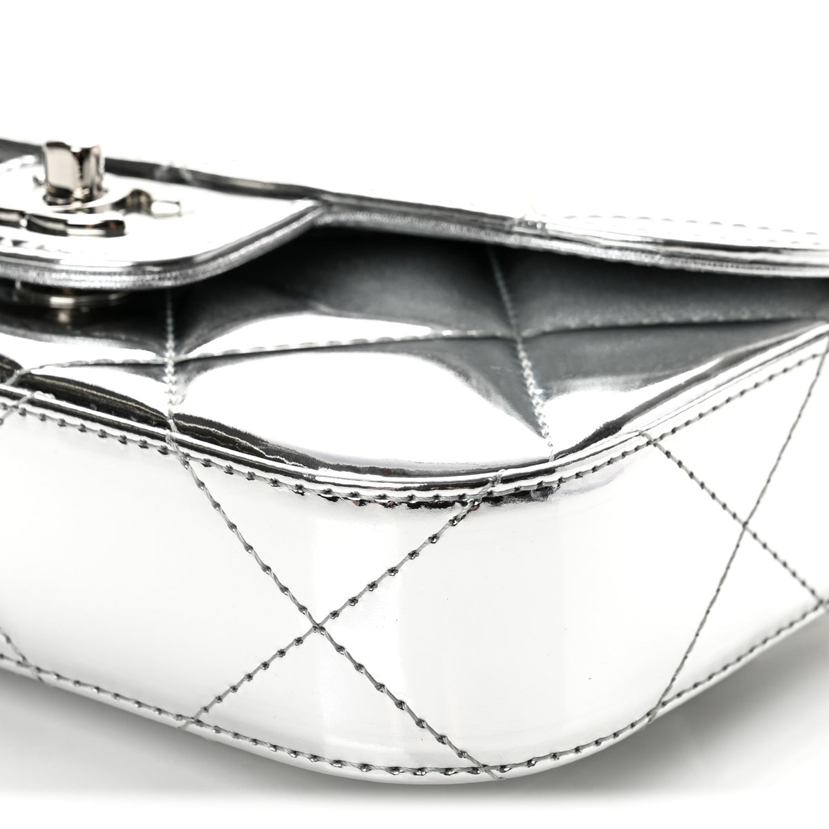 Mirror Calfskin Small Top Handle Clutch With Chain Silver