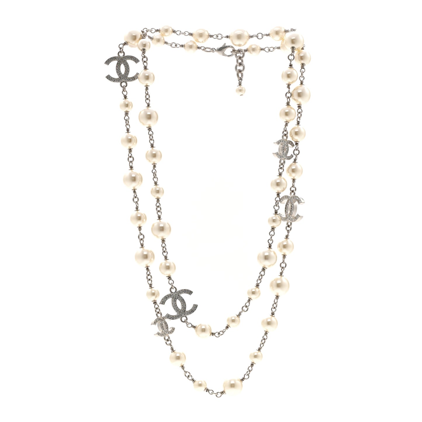 Graduated Pearl Crystal CC Long Necklace Silver