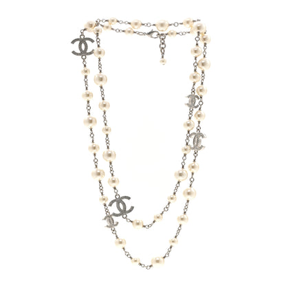 Chanel Graduated Pearl Crystal CC Long Necklace Silver 3 of 6