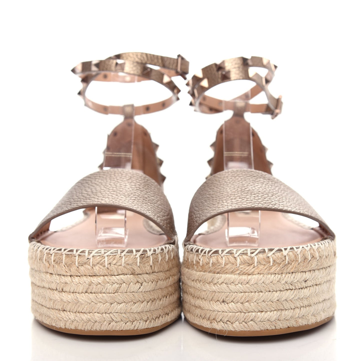 Metallic Grained Calfskin Rockstud Ankle Wrap Espadrille Flatform Sandals 41 Skin Natural