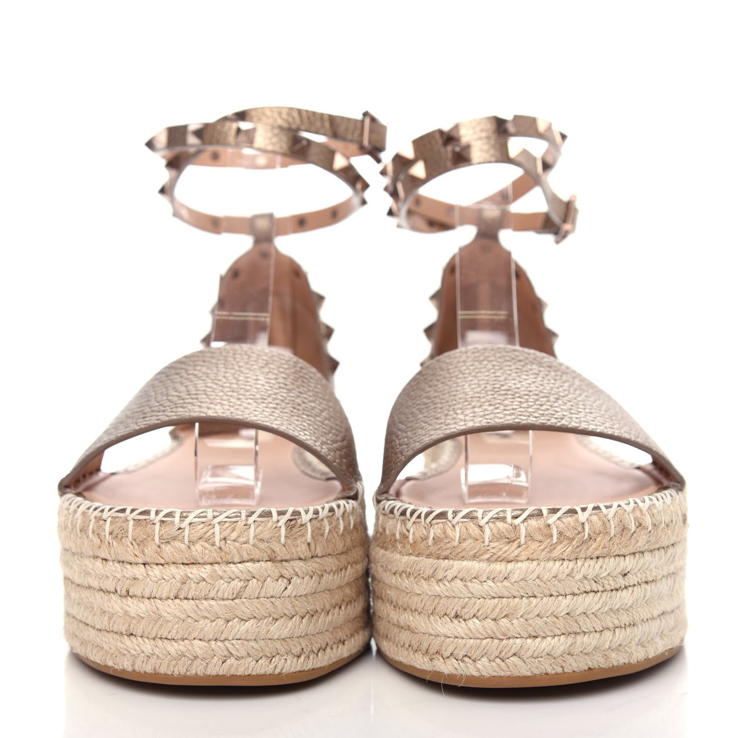 Valentino Garavani Metallic Grained Calfskin Rockstud Ankle Wrap Espadrille Flatform Sandals 41 Skin Natural 2 of 11