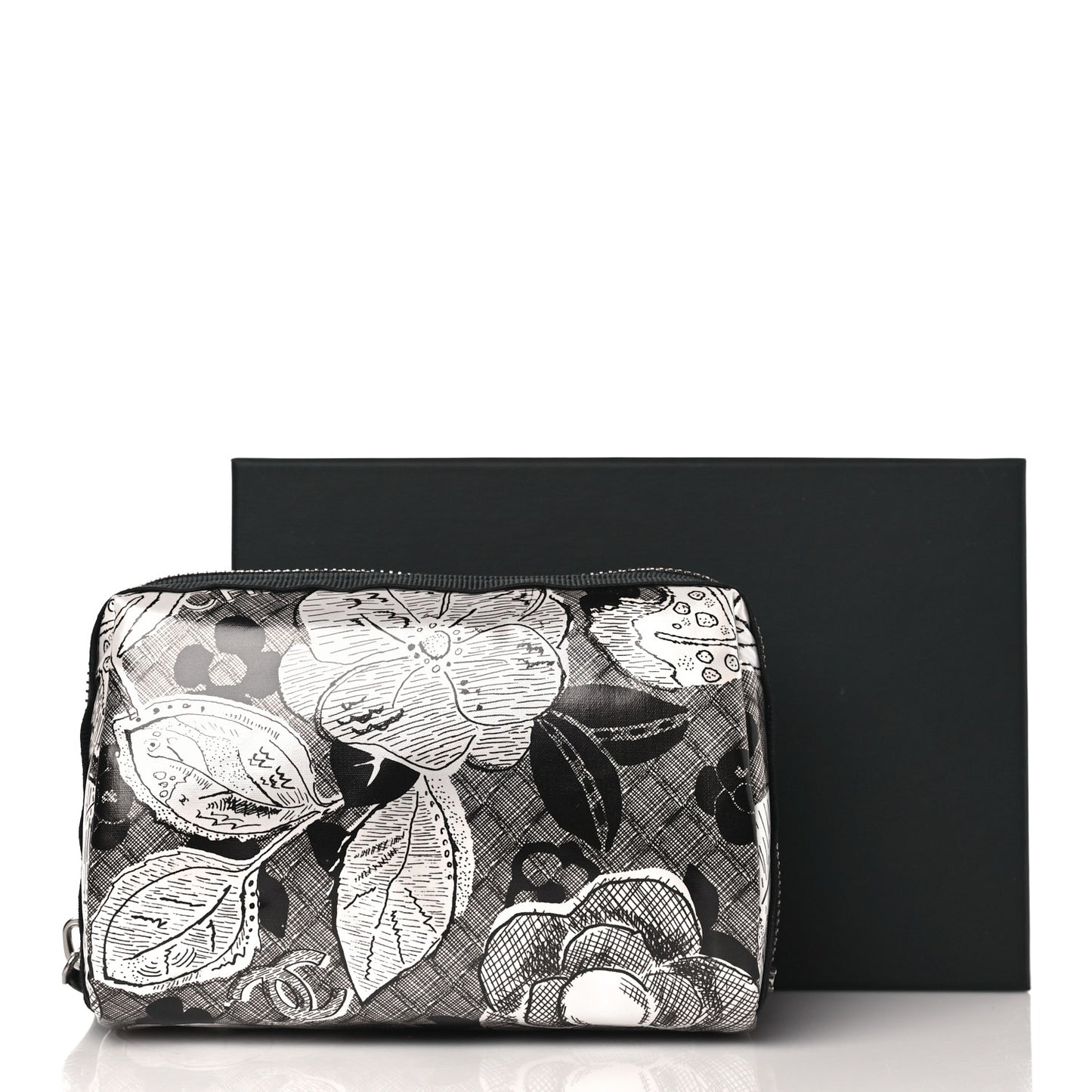 Coated Canvas Lambskin Camellia Cosmetic Pouch Black White