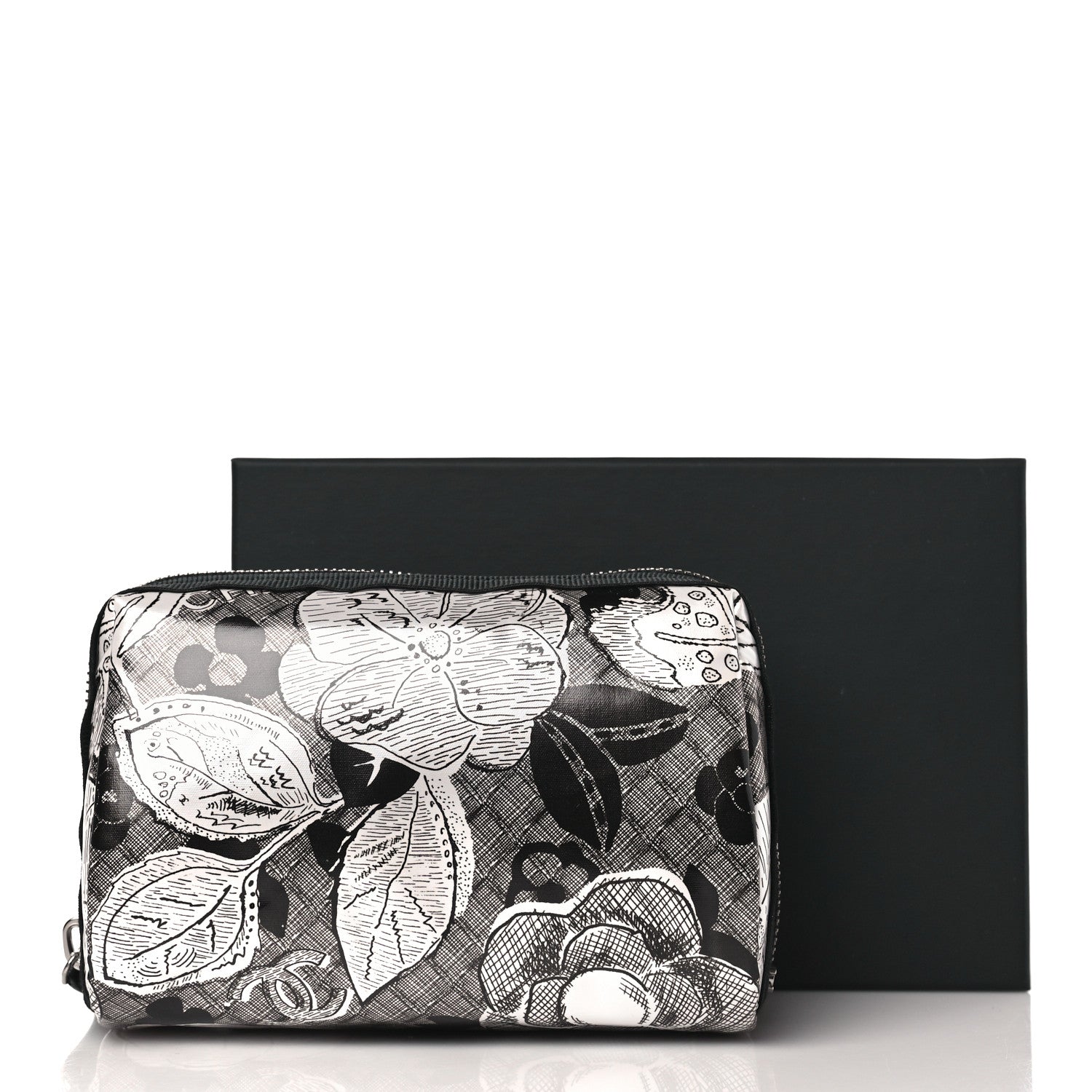 Chanel Coated Canvas Lambskin Camellia Cosmetic Pouch Black White 8 of 8