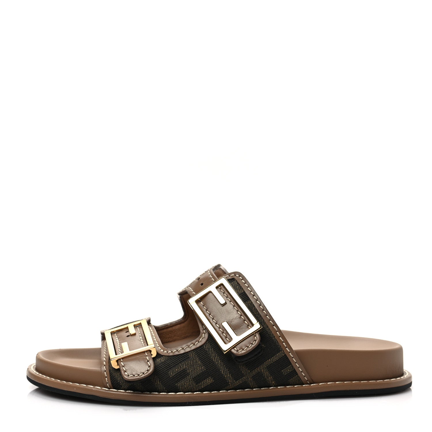 Fendi Fabric Jacquard Nappa FF Womens Fendi Feel Buckled Slide Sandals 38.5 Tobacco Black Miele Scuro 1 of 8