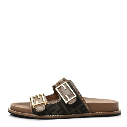 Fendi Fabric Jacquard Nappa FF Womens Fendi Feel Buckled Slide Sandals 38.5 Tobacco Black Miele Scuro 1 of 8