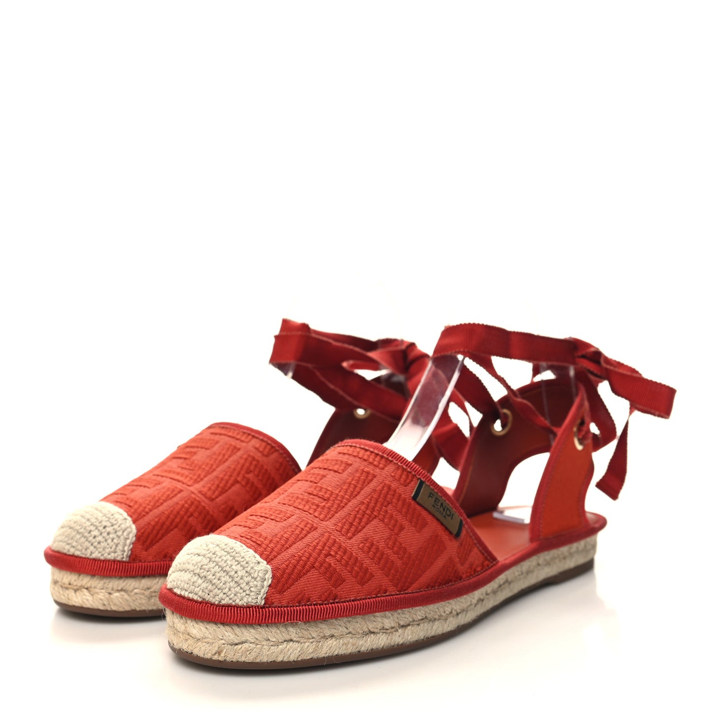 Canvas FF Embroidered Roma Ankle Wrap Flat Espadrilles 38.5 Red