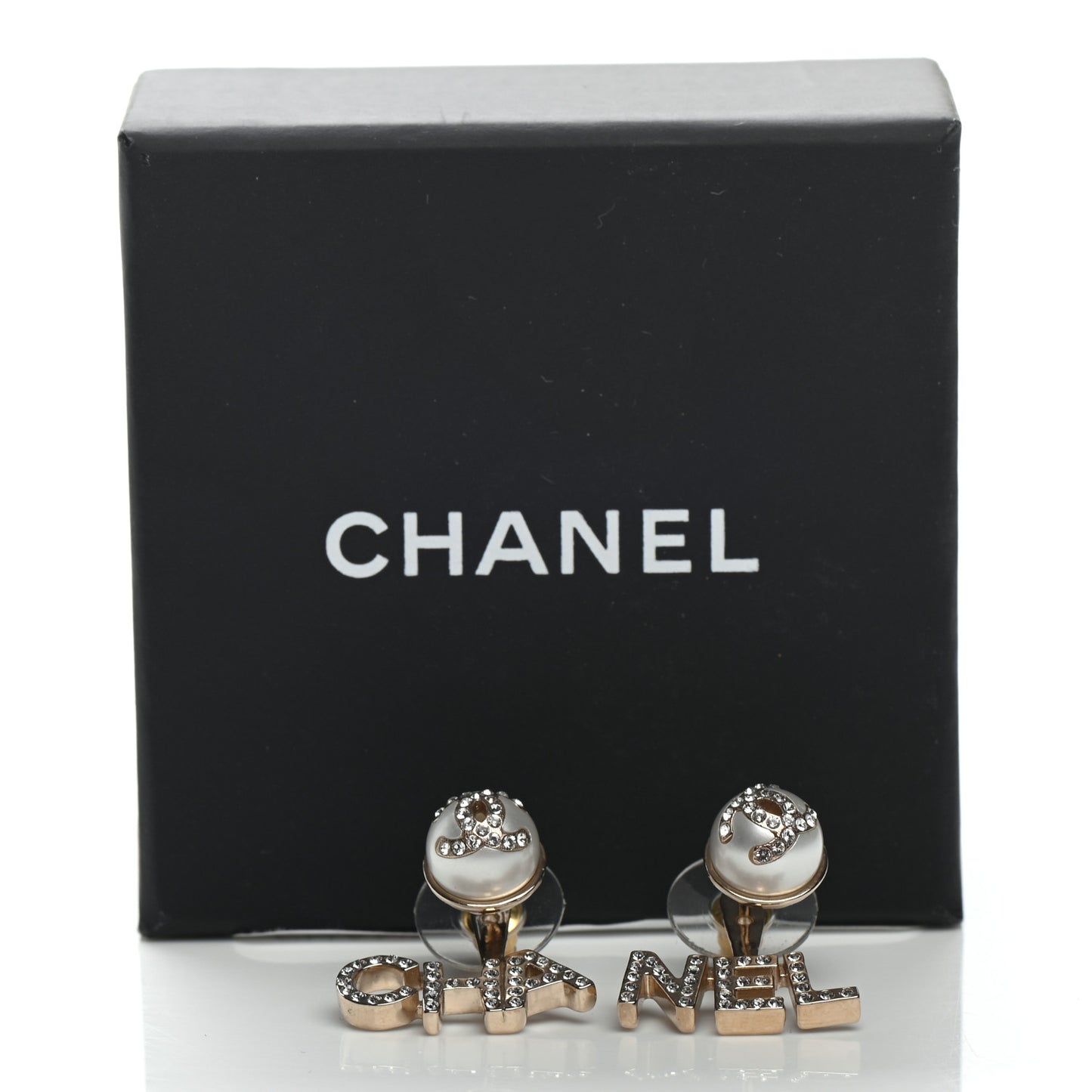 Pearl Crystal Logo Earrings Gold Pearly White