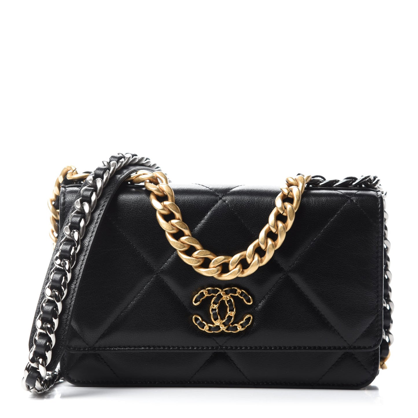 Shiny Goatskin Quilted Chanel 19 Wallet On Chain WOC Black