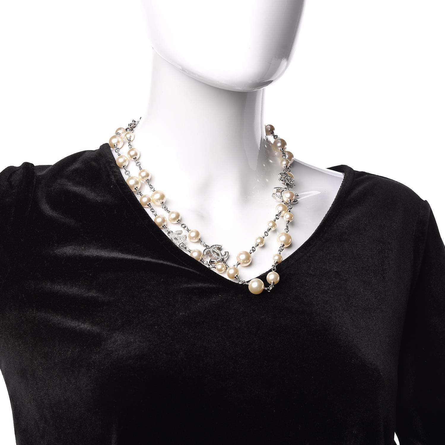 Chanel Graduated Pearl Crystal CC Long Necklace Silver 2 of 5