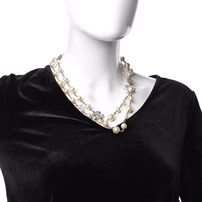 Chanel Graduated Pearl Crystal CC Long Necklace Silver 2 of 5