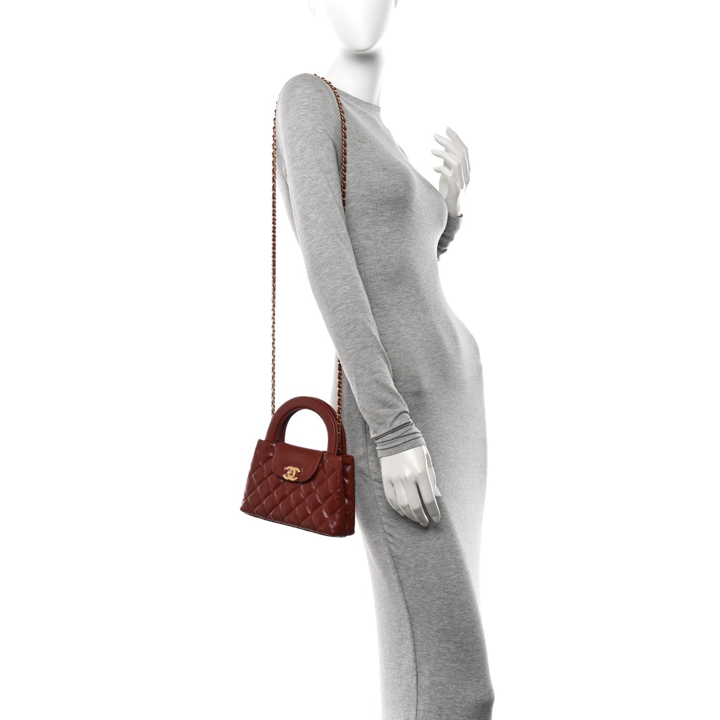 Shiny Aged Calfskin Quilted Nano Kelly Shopper Brown