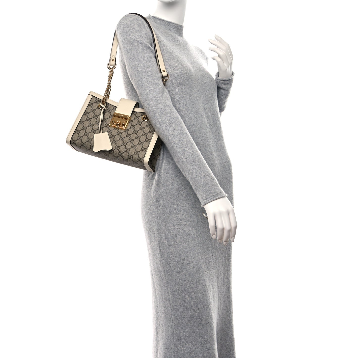 GG Supreme Monogram Moon Calfskin Small Padlock Tote Beige Ebony Mystic White