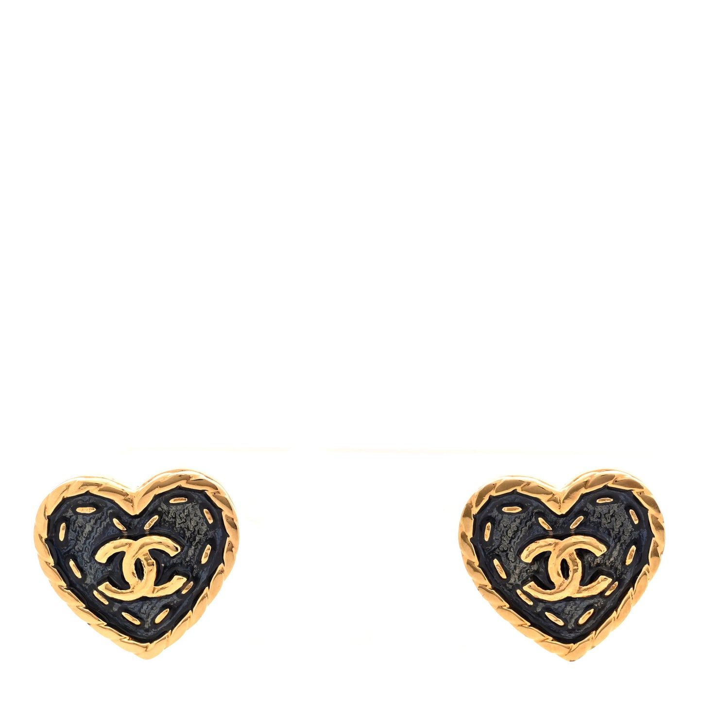 Metal Enamel CC Denim Heart Earrings Gold Blue