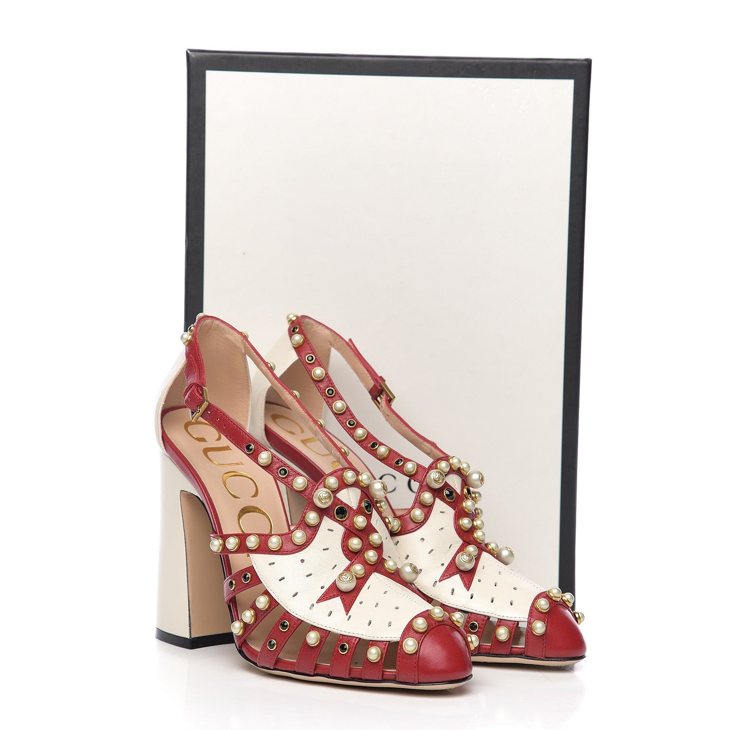 Gucci Calfskin Pearl Studded Tracey Pumps 39 Red White 8 of 8