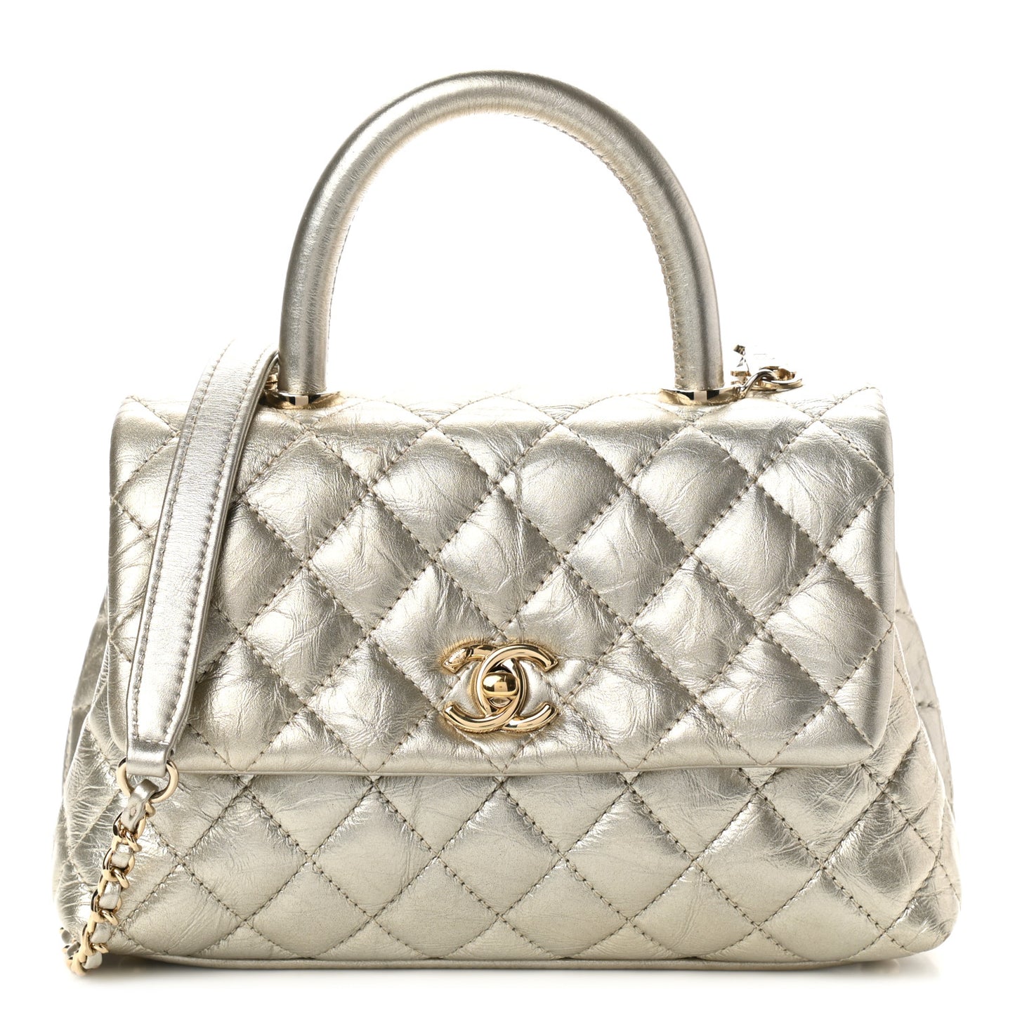 Metallic Aged Calfskin Quilted Mini Coco Handle Flap Gold