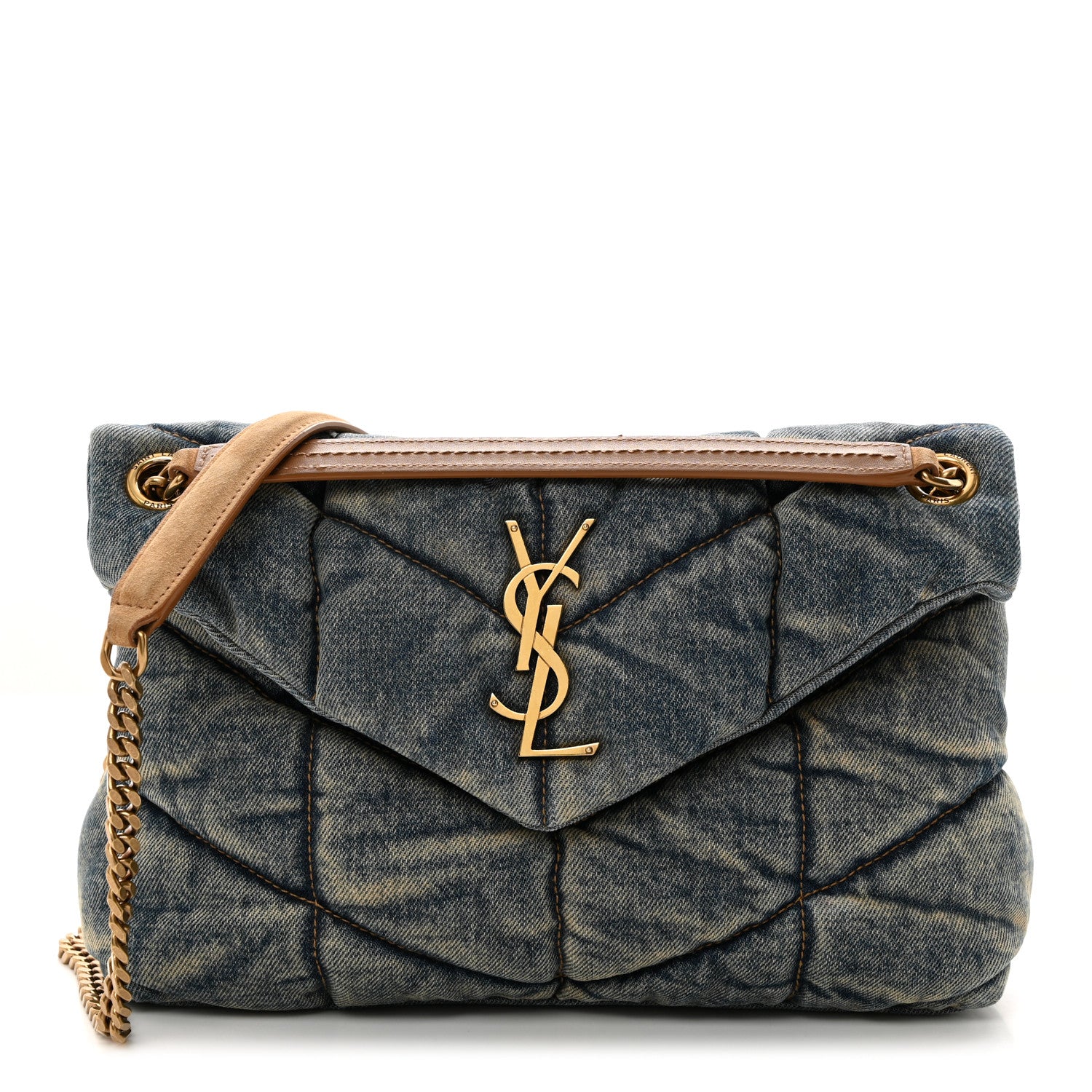 Saint Laurent Denim Quilted Small Loulou Puffer Monogram Chain Satchel Blue Cinnamon 1 of 10