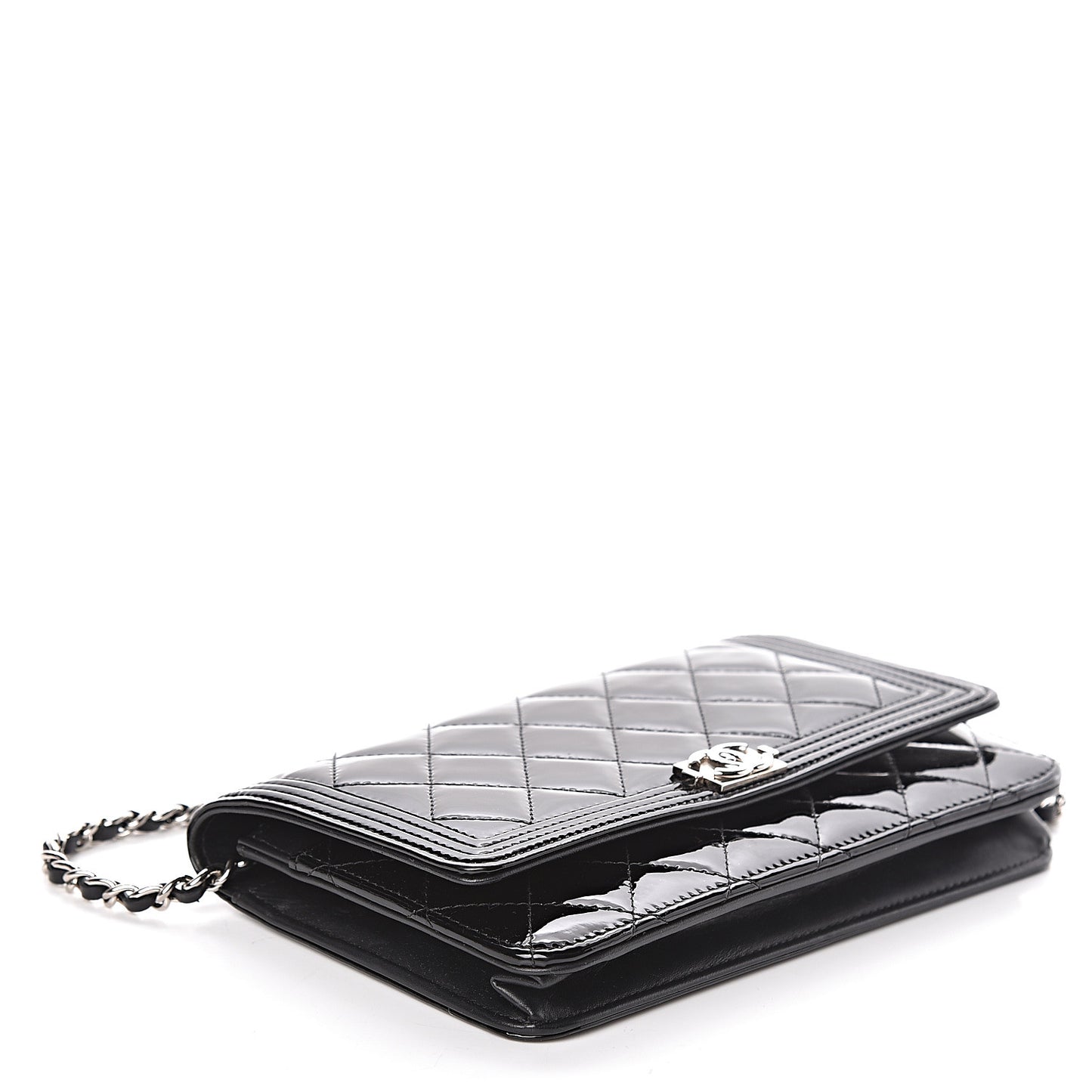 Patent Calfskin Quilted Boy Wallet On Chain WOC Black
