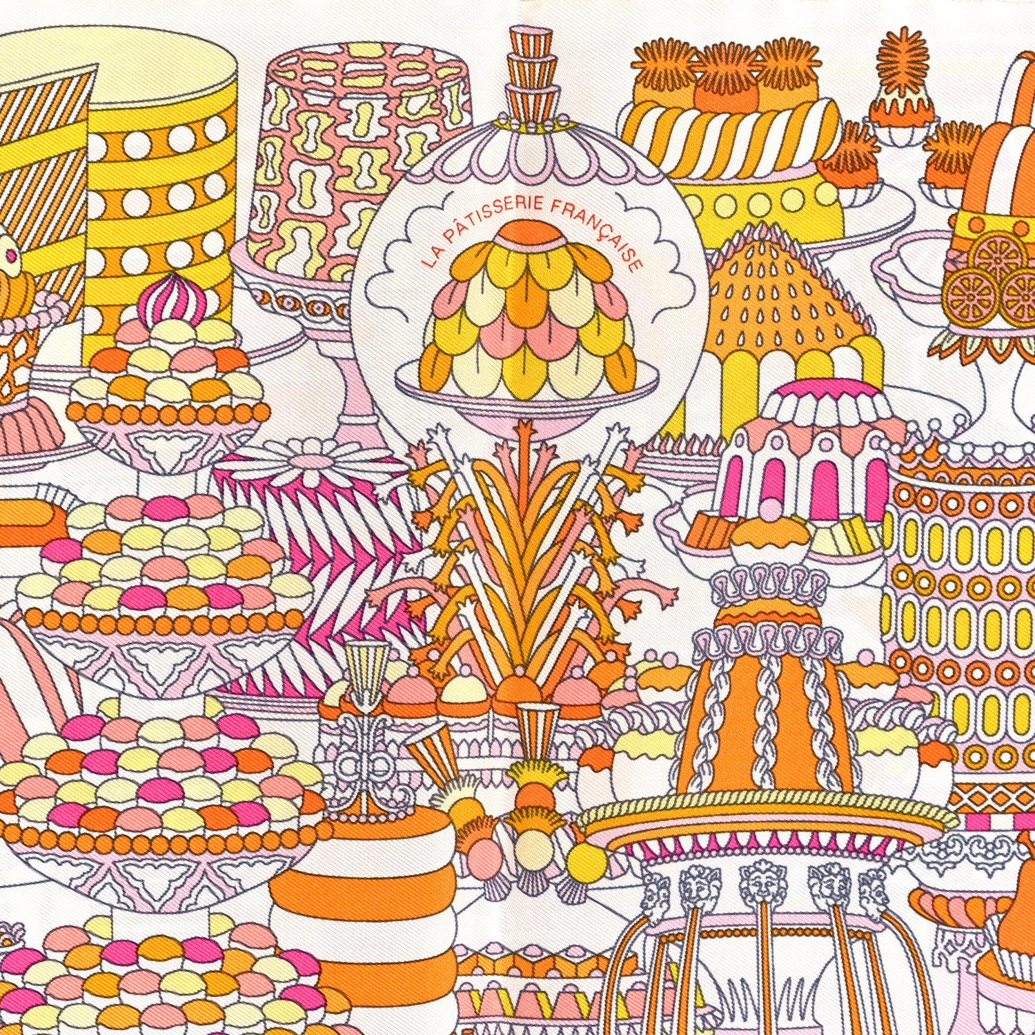 Hermes Silk La Patisserie Francaise Scarf 45 White Orange Jaune