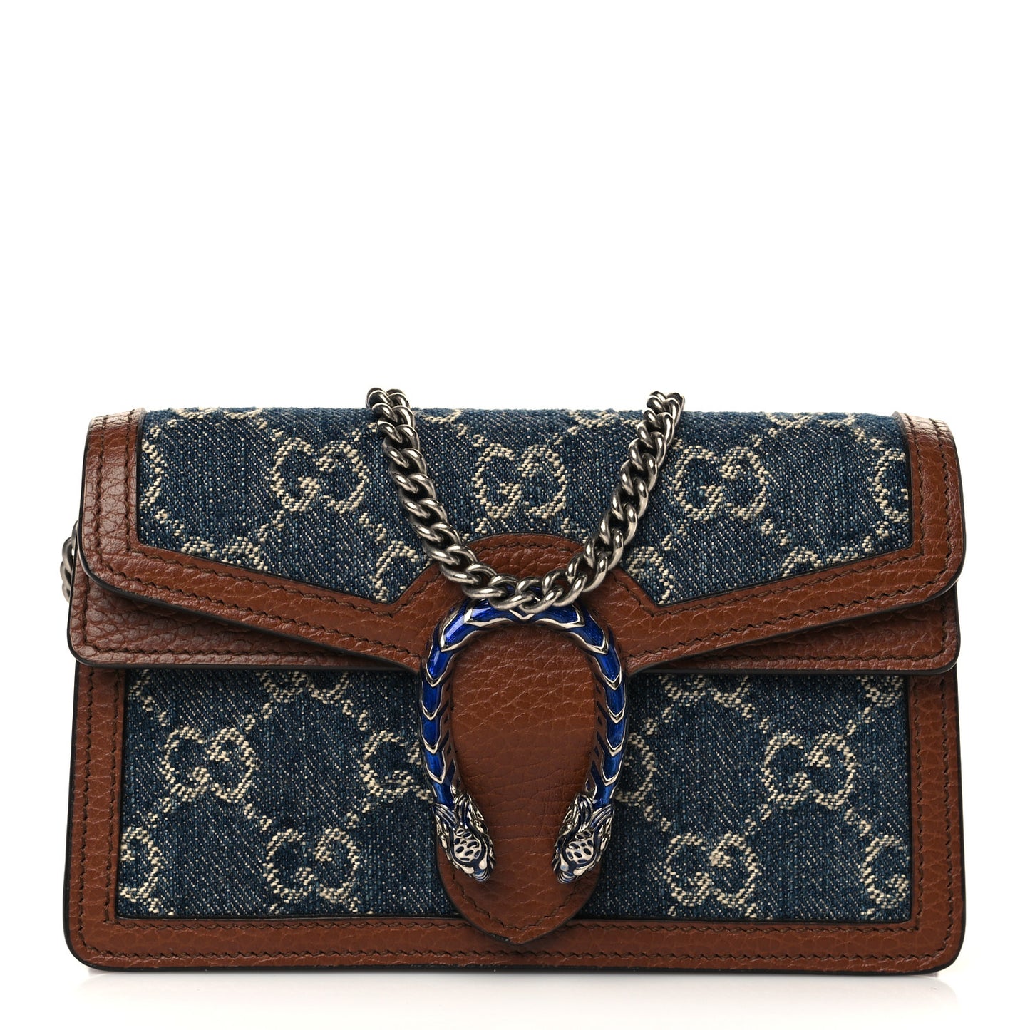 New Denim GG Monogram Dollar Calfskin Enamel Super Mini Dionysus Shoulder Bag Blue Tea Cuir Epilog Electric Blue