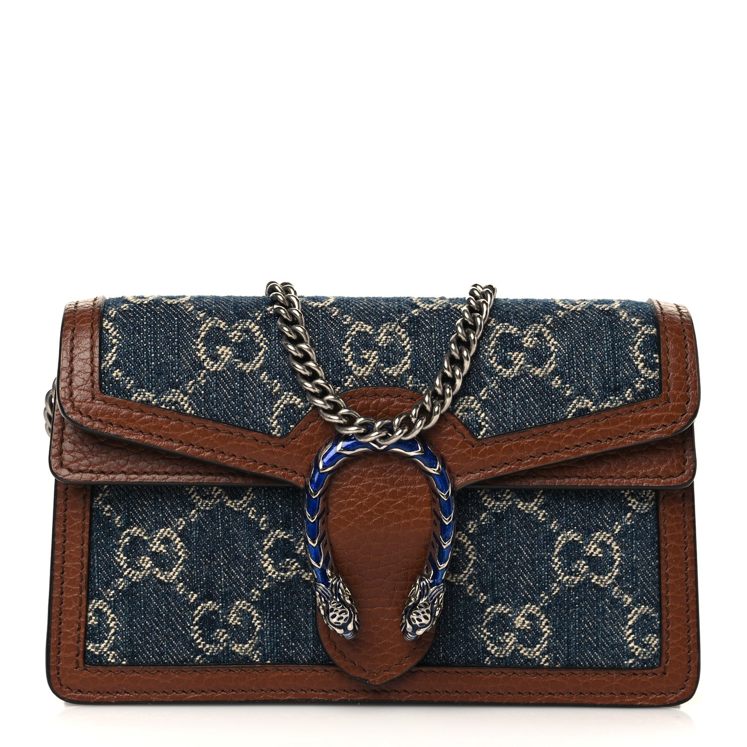 Gucci New Denim GG Monogram Dollar Calfskin Enamel Super Mini Dionysus Shoulder Bag Blue Tea Cuir Epilog Electric Blue 1 of 6