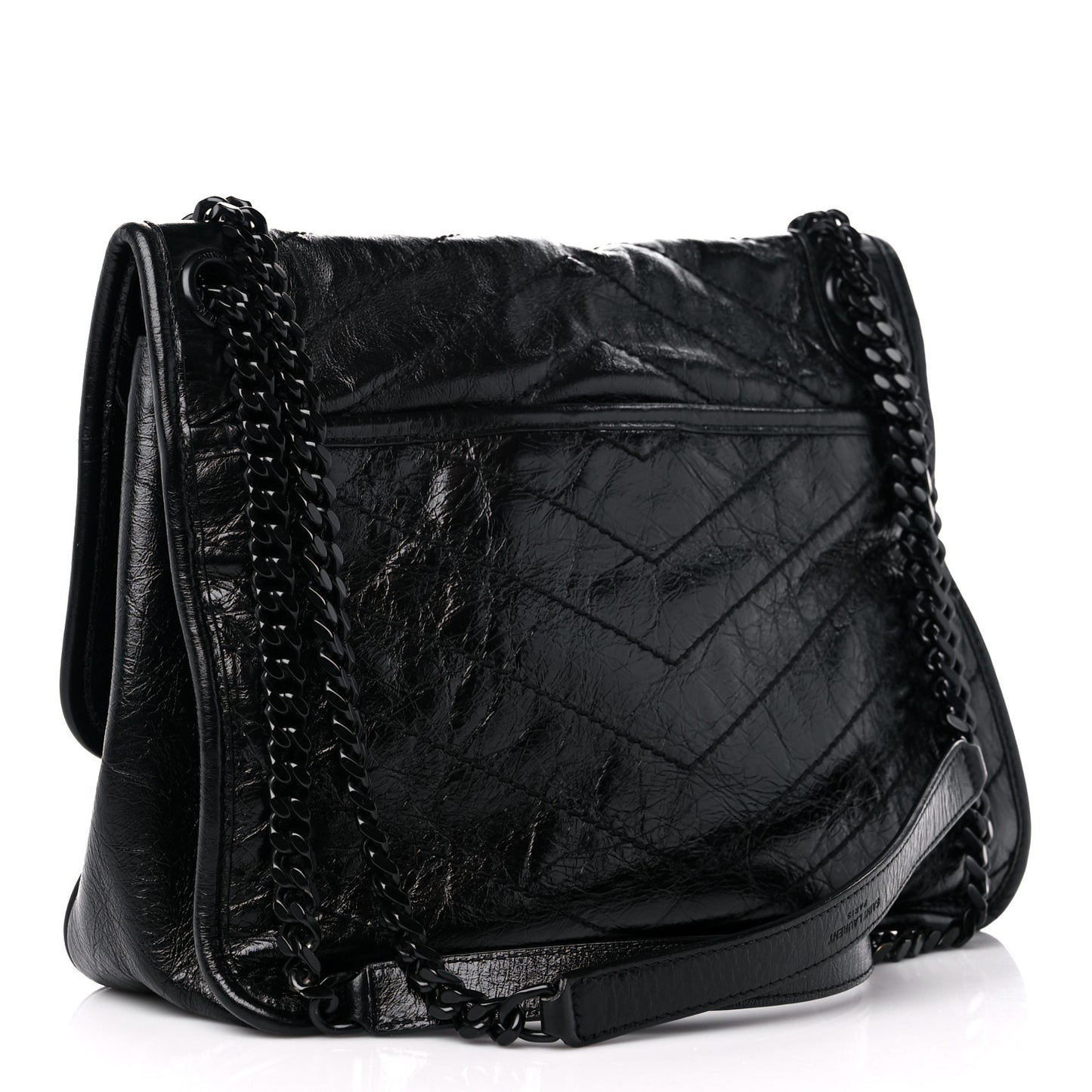 Crinkled Calfskin Matelasse Monogram Medium Niki Chain Satchel Black