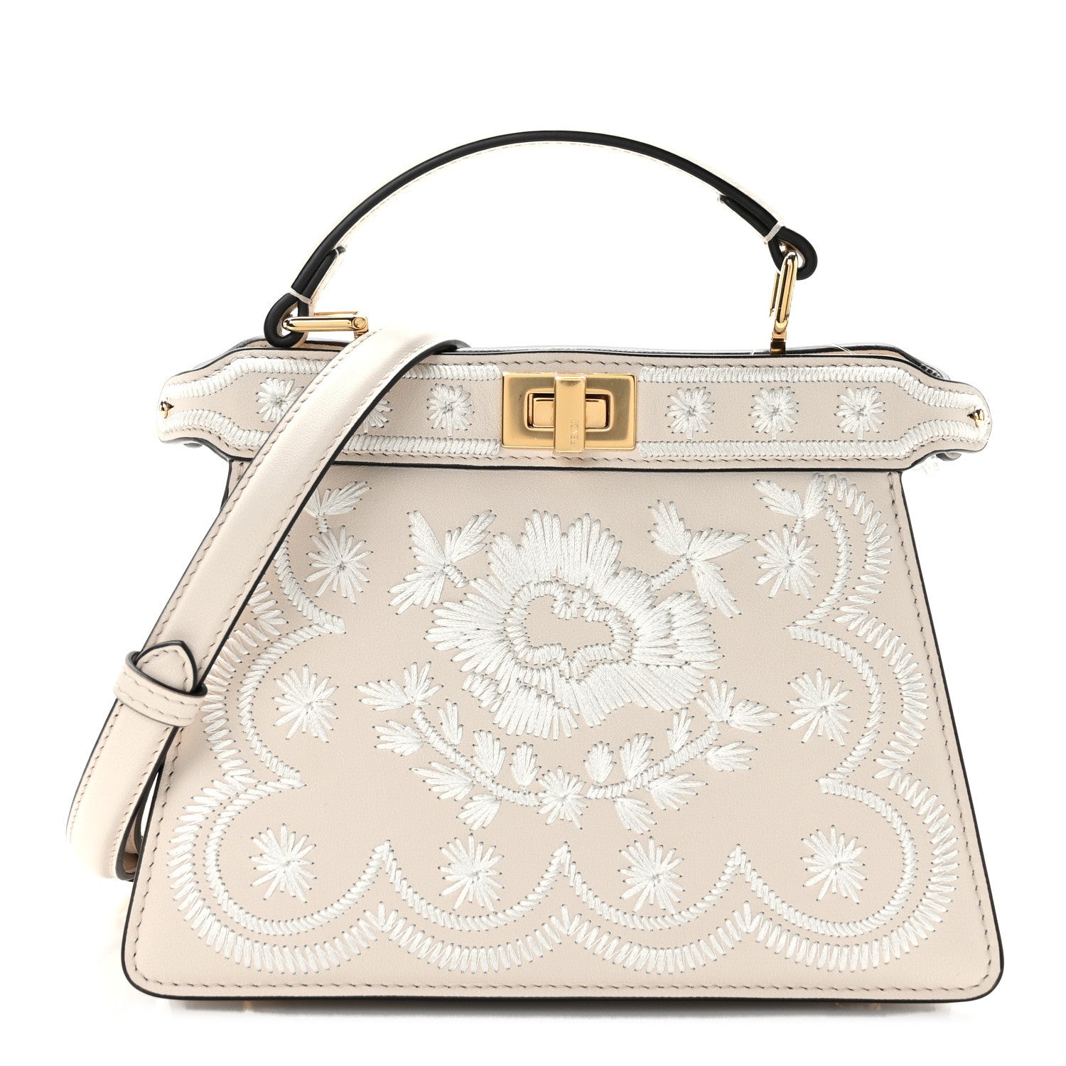 Fendi Vitello Seta Shiny Nappa Floral Embroidered Petite Peekaboo I SEE U Satchel Camelia White Ice 1 of 11