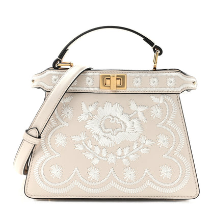 Fendi Vitello Seta Shiny Nappa Floral Embroidered Petite Peekaboo I SEE U Satchel Camelia White Ice 1 of 11