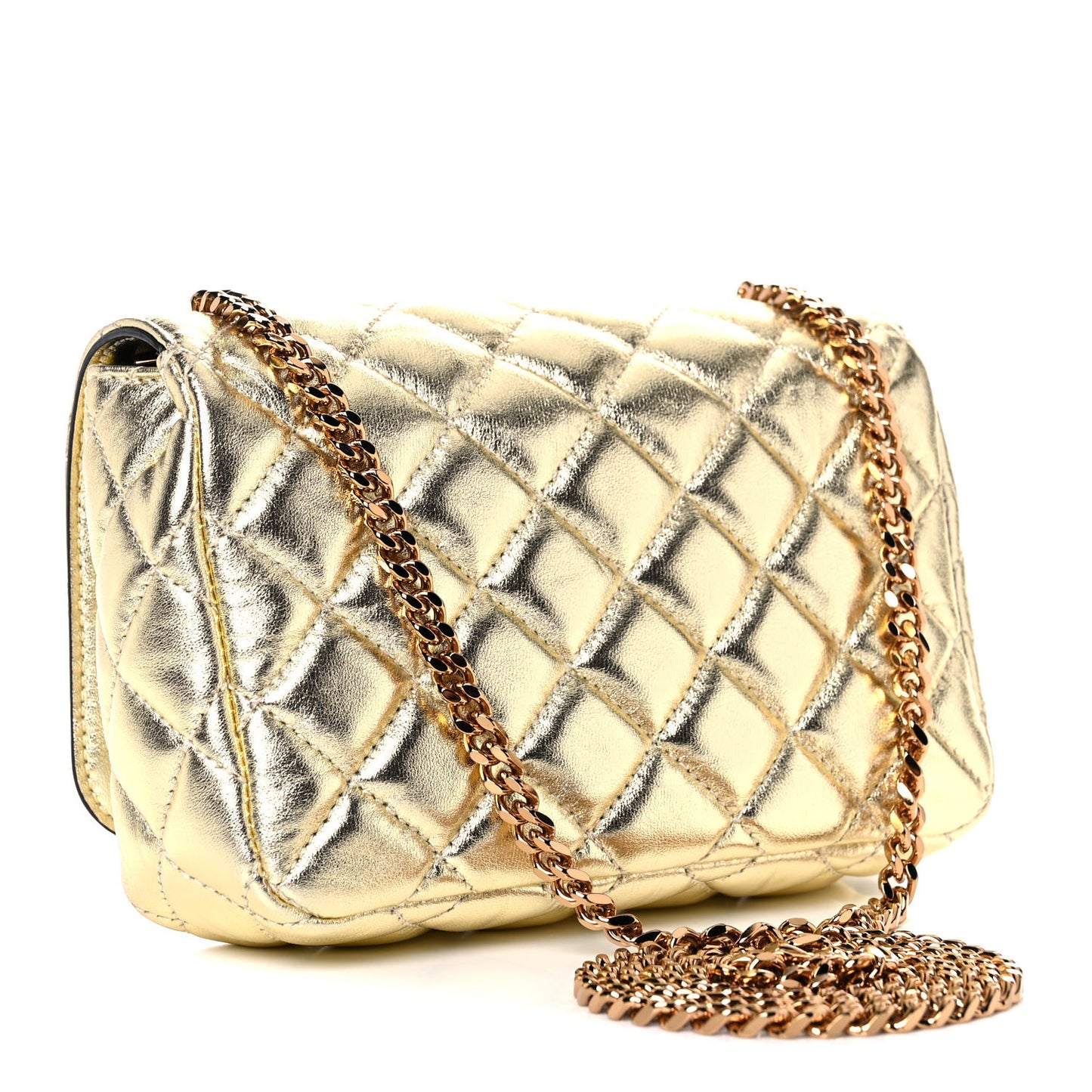 Metallic Nappa Quilted Small Medusa Chain Crossbody Gold