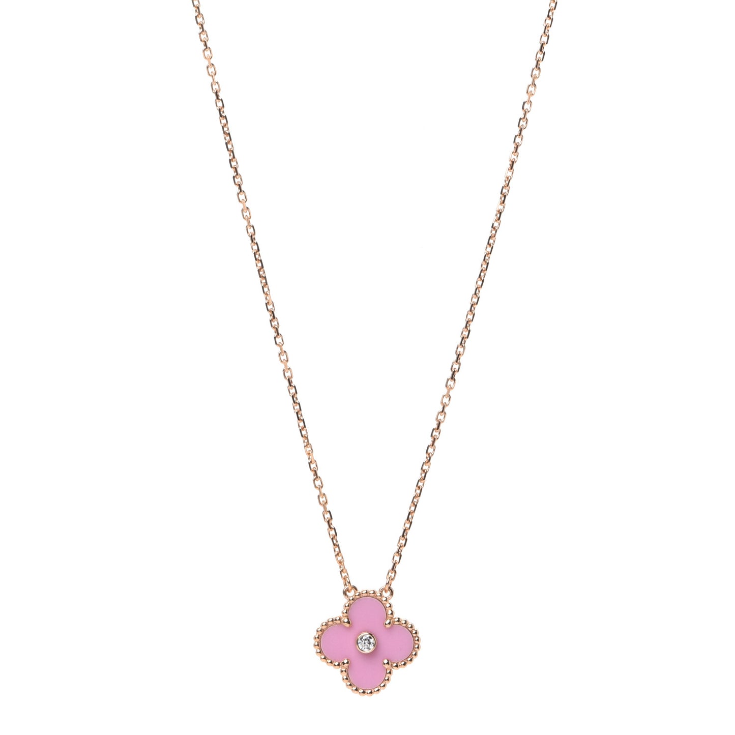 18K Rose Gold Diamond Pink Porcelain Vintage Alhambra Pendant Necklace