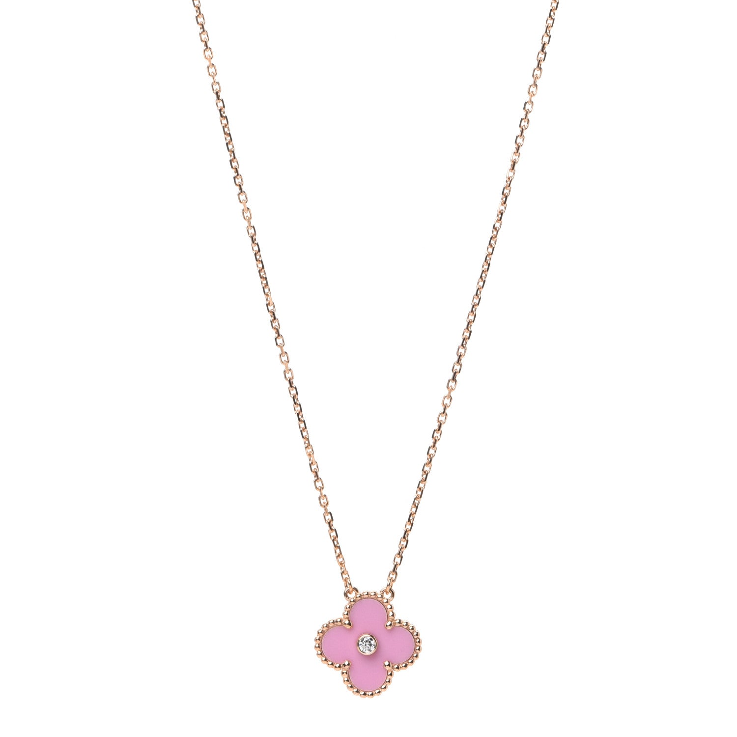 Van Cleef & Arpels 18K Rose Gold Diamond Pink Porcelain Vintage Alhambra Pendant Necklace 1 of 7
