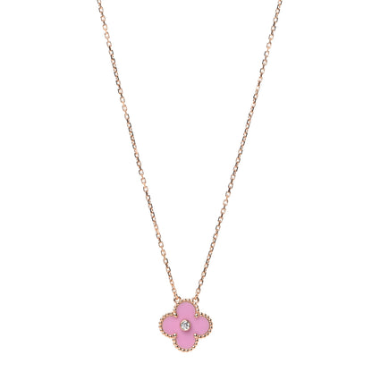 Van Cleef & Arpels 18K Rose Gold Diamond Pink Porcelain Vintage Alhambra Pendant Necklace 1 of 7