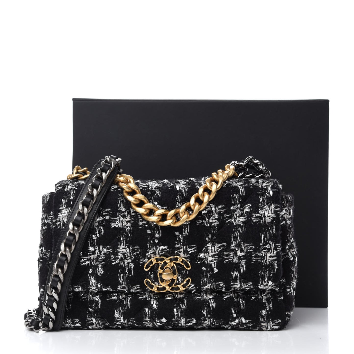 Tweed Quilted Medium Chanel 19 Flap Black Silver Ecru