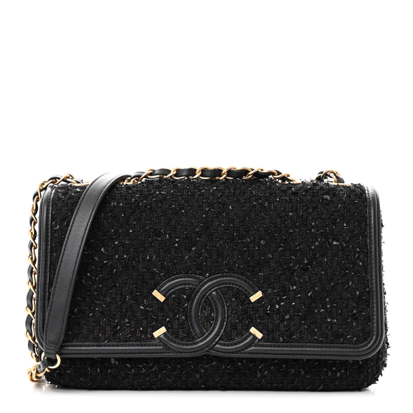 Tweed Calfskin Quilted Medium CC Filigree Flap Black