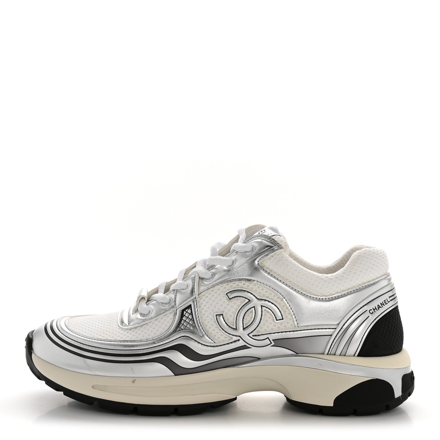 Chanel Fabric Laminated Calfskin Stretch CC Womens Sneakers 39.5 White Silver 1 of 11