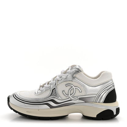 Chanel Fabric Laminated Calfskin Stretch CC Womens Sneakers 39.5 White Silver 1 of 11
