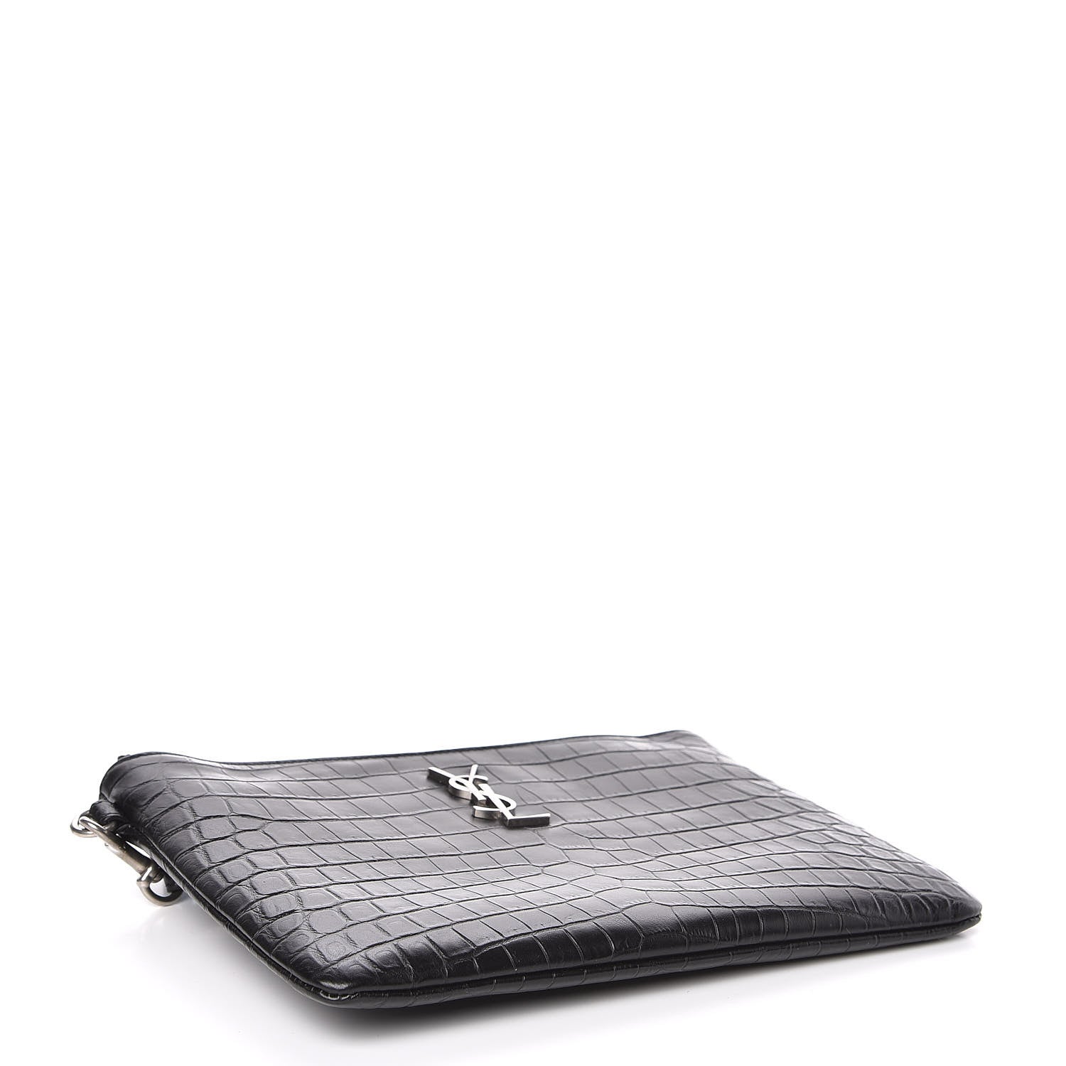 Saint Laurent Calfskin Crocodile Embossed Monogram Zip Pouch Black 4 of 8