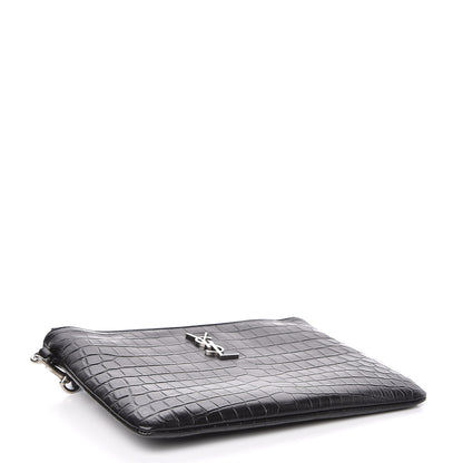 Saint Laurent Calfskin Crocodile Embossed Monogram Zip Pouch Black 4 of 8