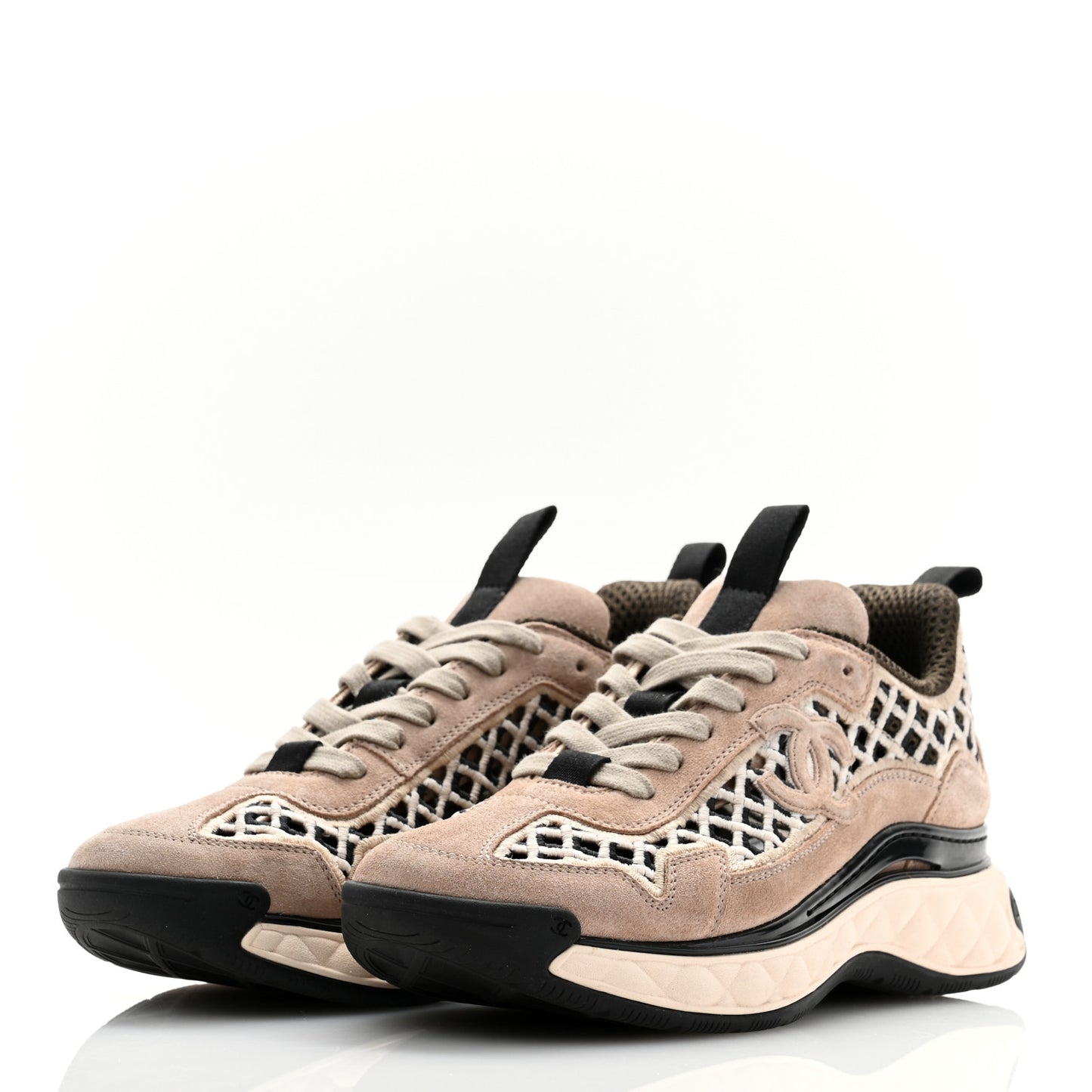 Suede Calfskin Embroidered CC Sneakers 37 Beige Black