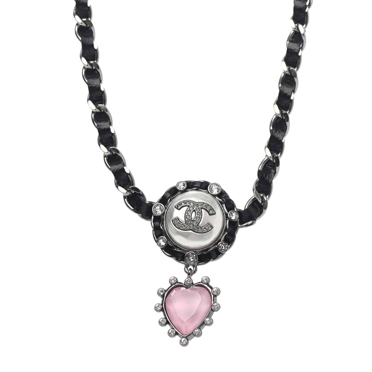 Chanel Lambskin Crystal Heart Choker Necklace Black Silver Pink 3 of 4