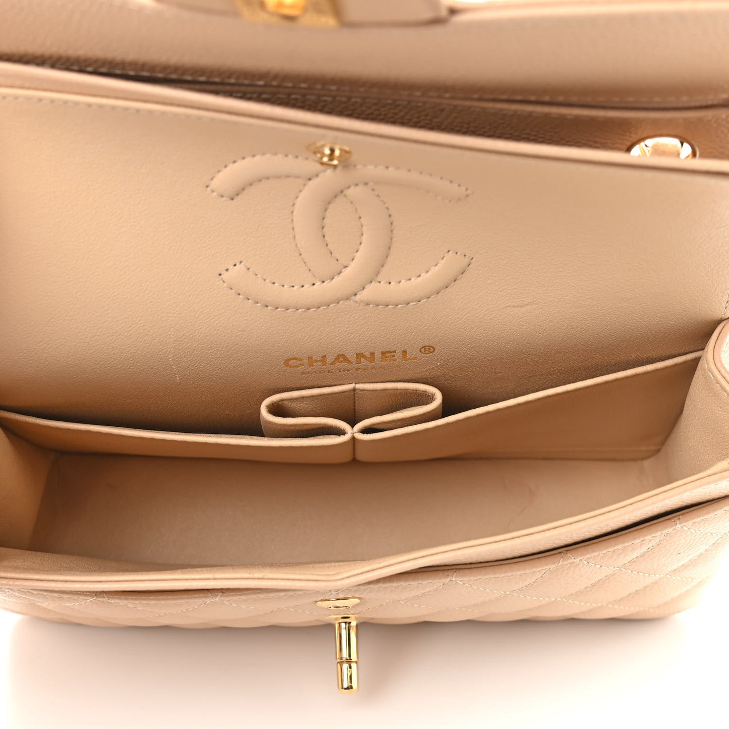 Caviar Quilted Small Double Flap Beige